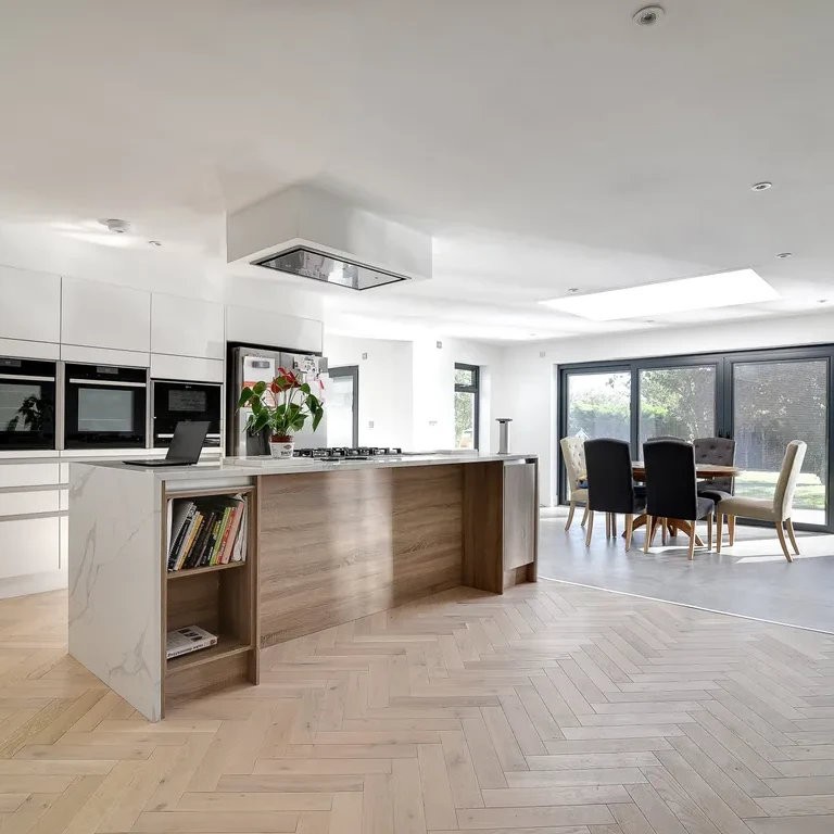 Image shows a kitchen-diner completed as part of a house extension from SureBuild Homes